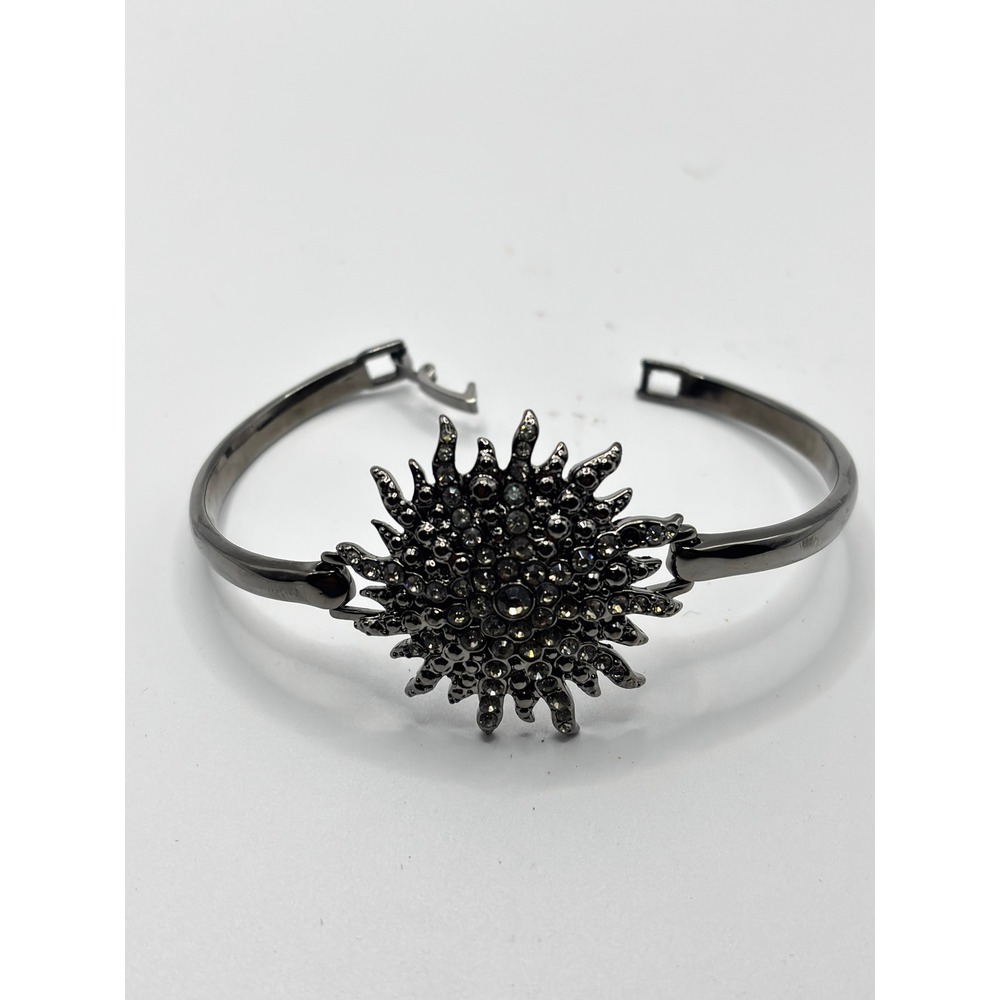 Gunmetal Sunburst Rhinestone Hinged Bangle Bracelet Celestial Statement Jewelry